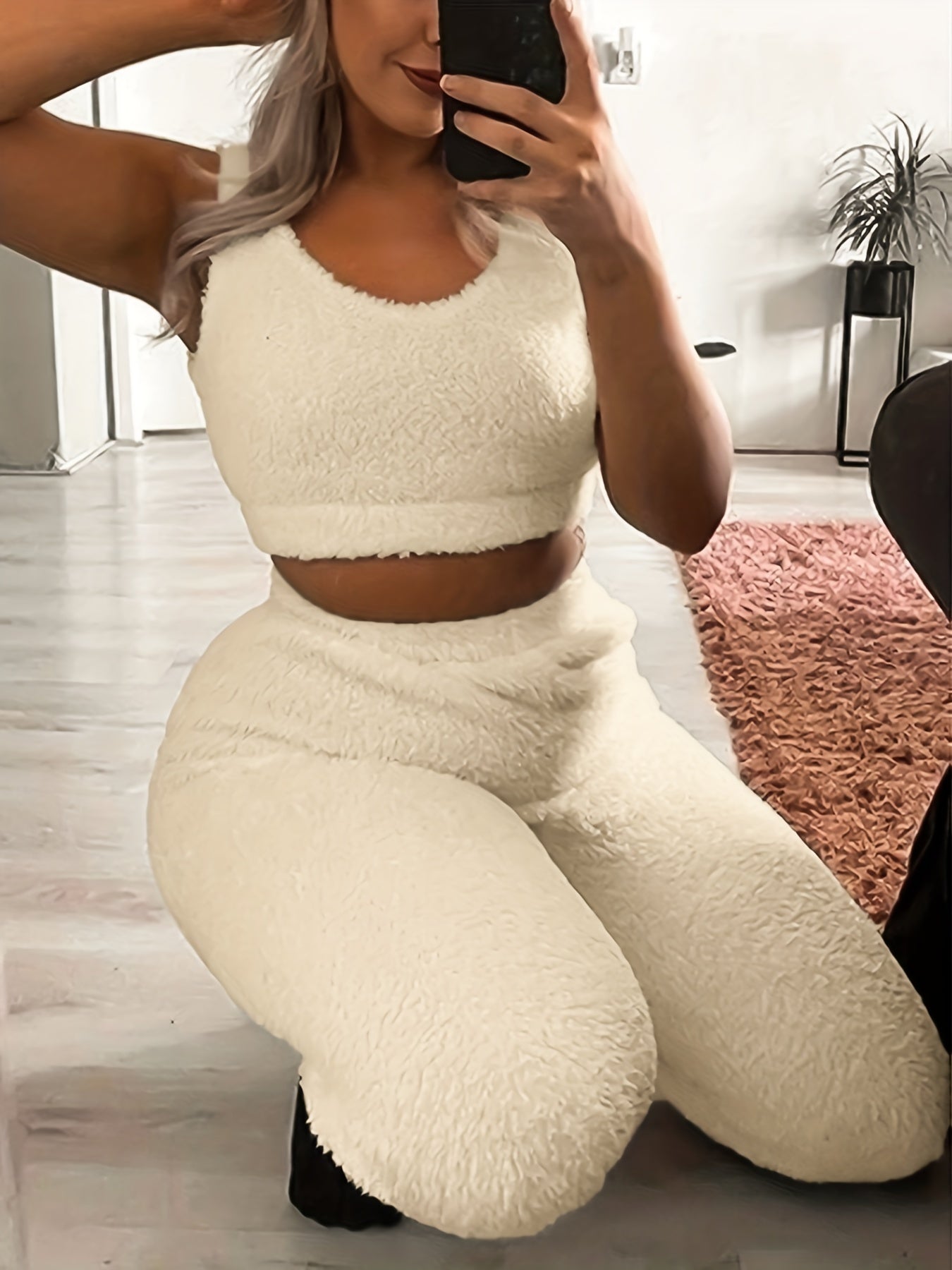 Cozy Solid Fuzzy Lounge Set - Soft Micro Elastic Polyester Tank Crop Top & Elastic Waistband Pants for Women - Machine Washable, Casual Fall/Winter Loungewear & Sleepwear for Adult